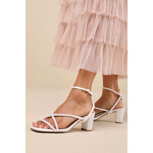 Lulus Makenna White Pearl Satin Strappy Ankle Strap Low Heel Sandals - Size 8